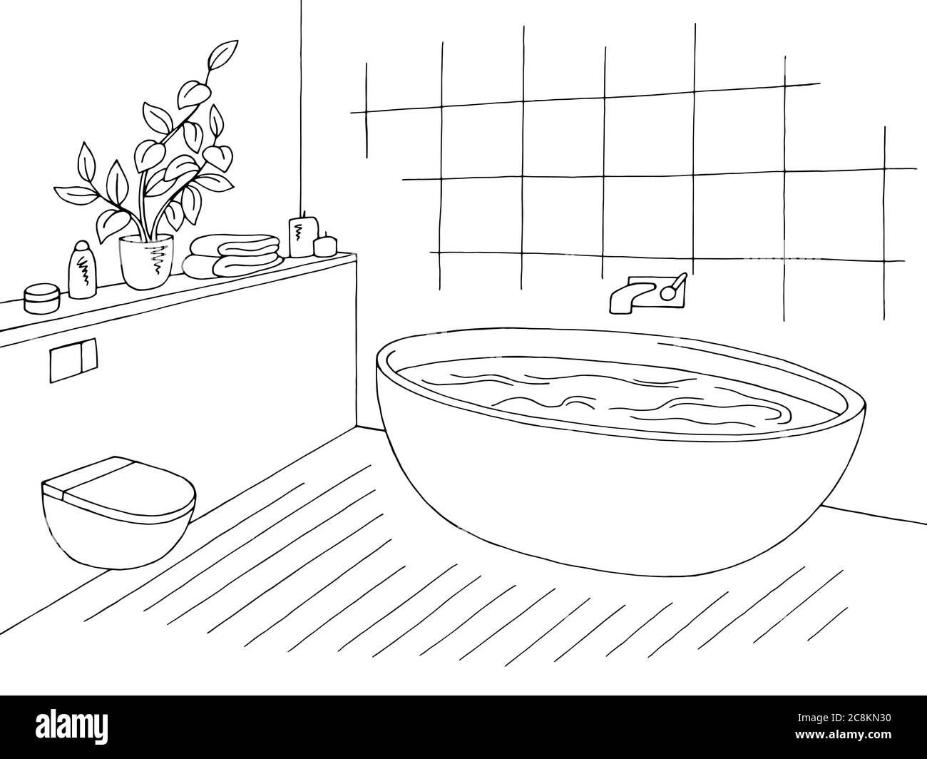 Bathroom graphic home interior black white sketch illustration vector