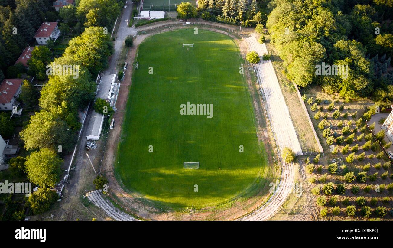 Aerial view of the grass football field in the nature Stock Photo