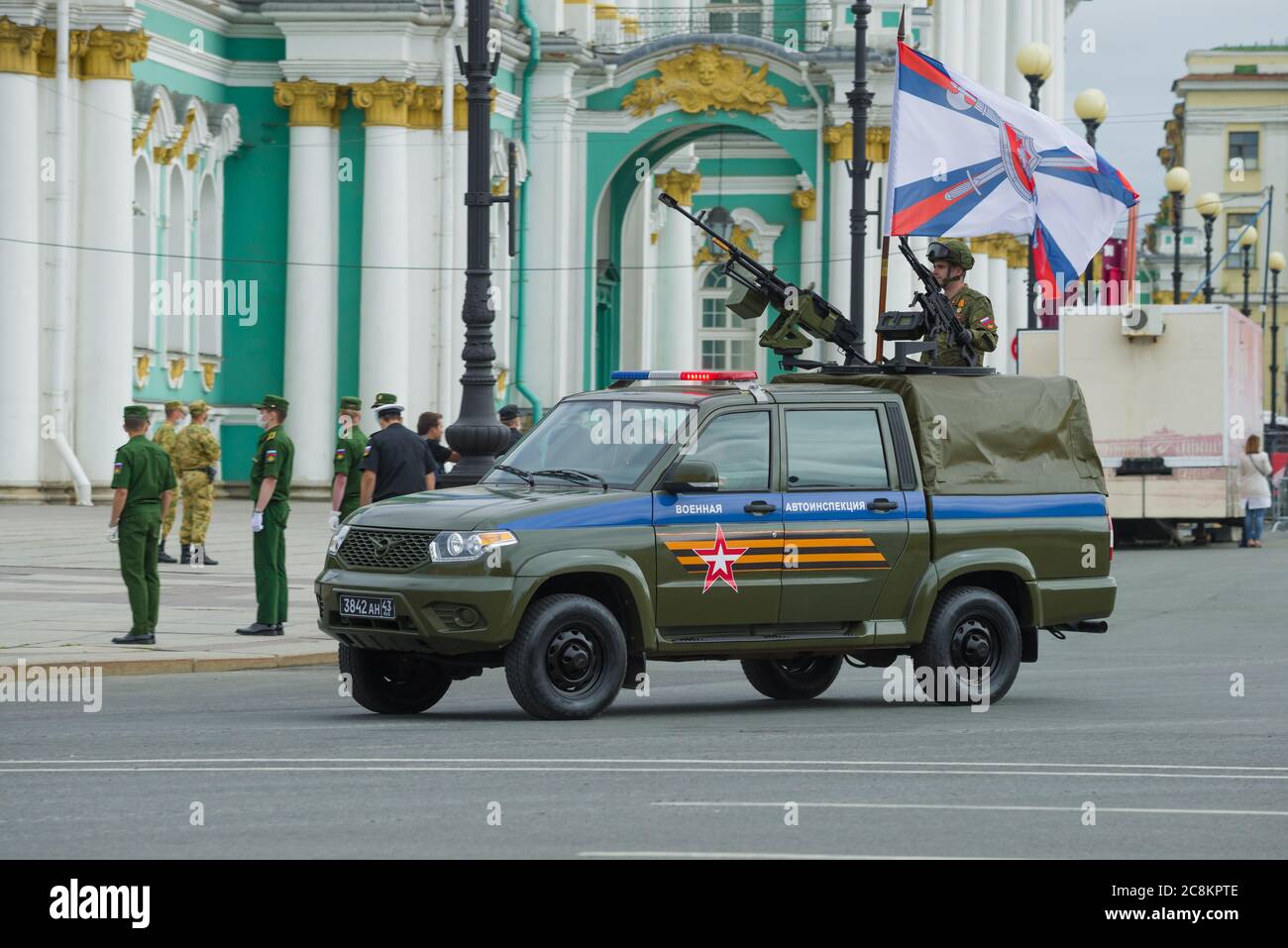 ST. PETERSBURG, RUSSIA - JUNE 20, 2020: UAZ Patriot car of the traffic police on the rehearsal of the military parade in honor of Victory Day Stock Photo