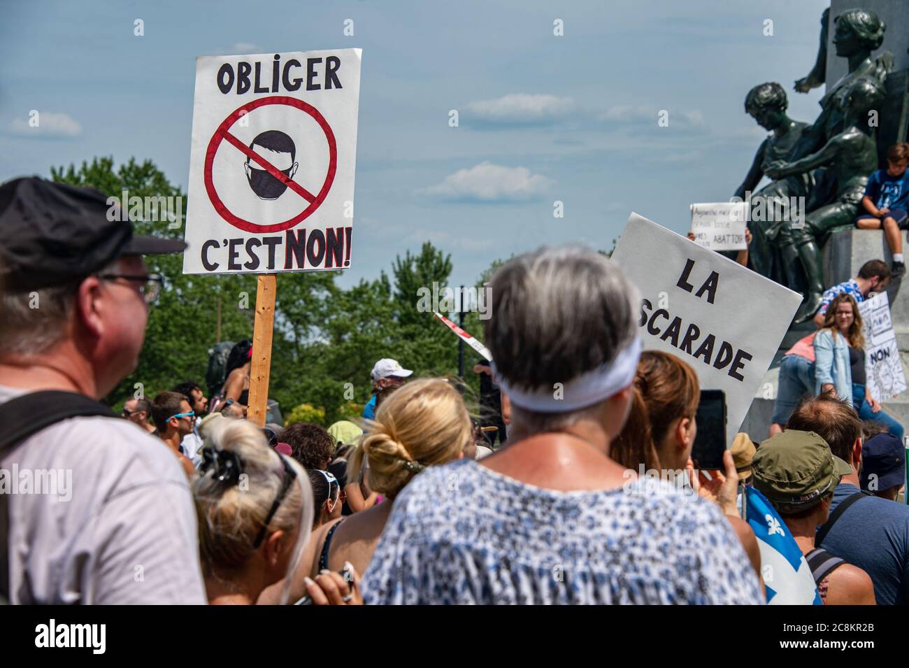 Montreal, Canada - 25 July 2020: Protest against mandatory masks in Quebec Stock Photo