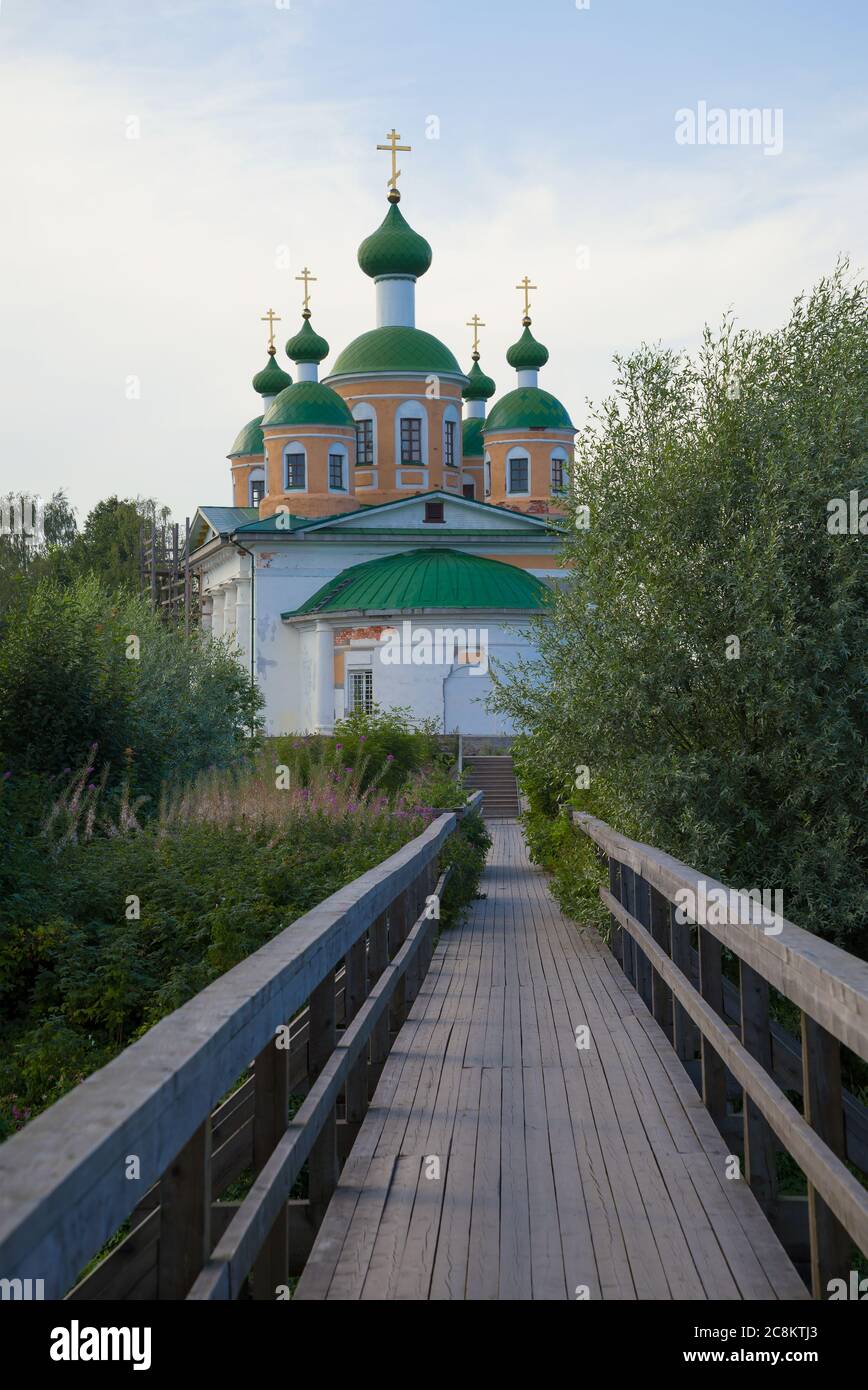View of the Cathedral of the Smolensk Icon of the Mother of God on August evening. Olonets, Karelia Stock Photo