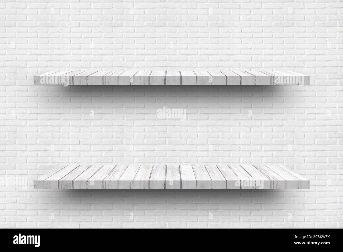 Empty two white wooden shelf on old white brick wall background texture ...