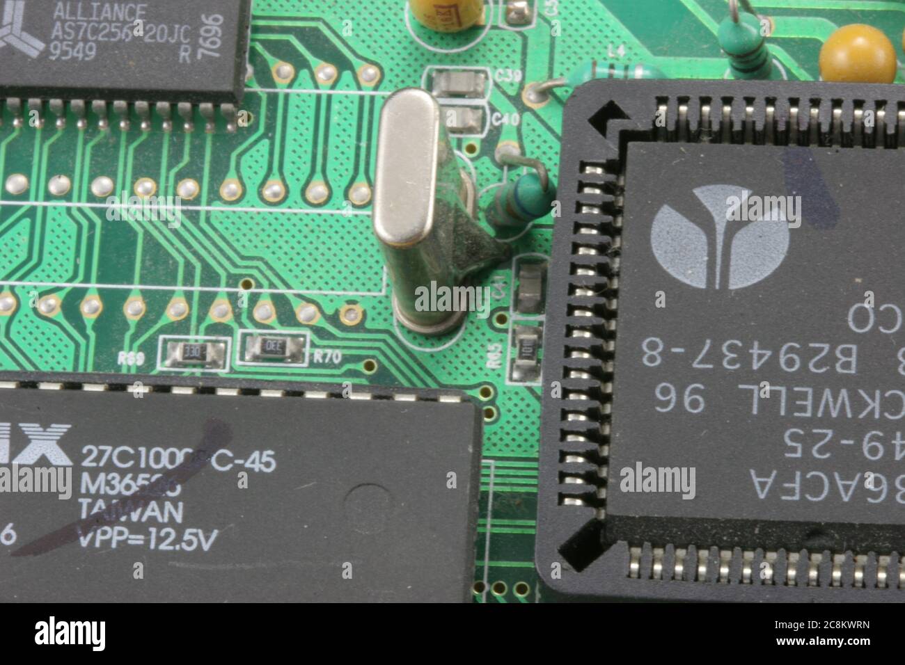 Electronic circuit board with close up macro. Stock Photo