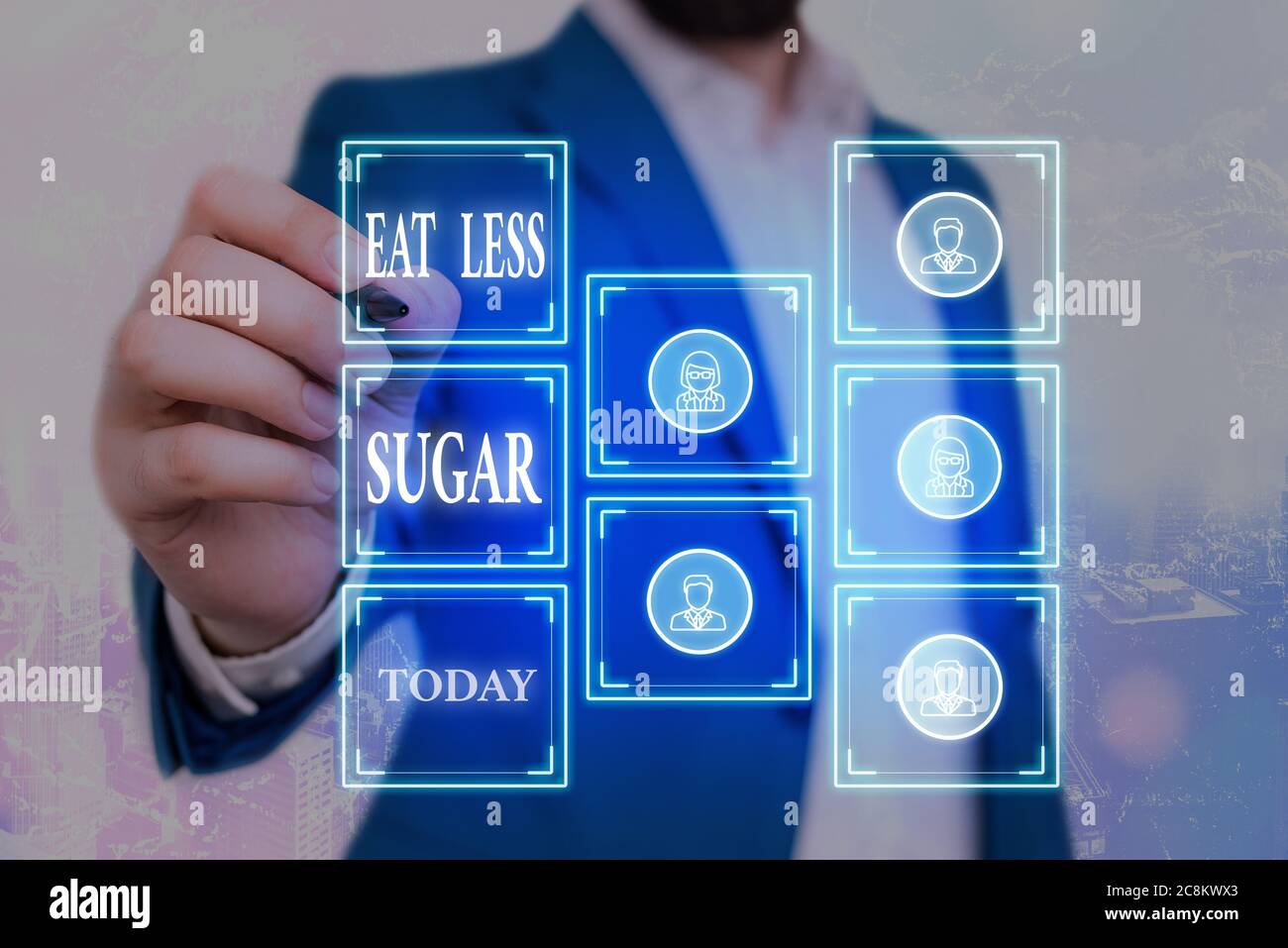 Writing note showing Eat Less Sugar. Business concept for reducing ...