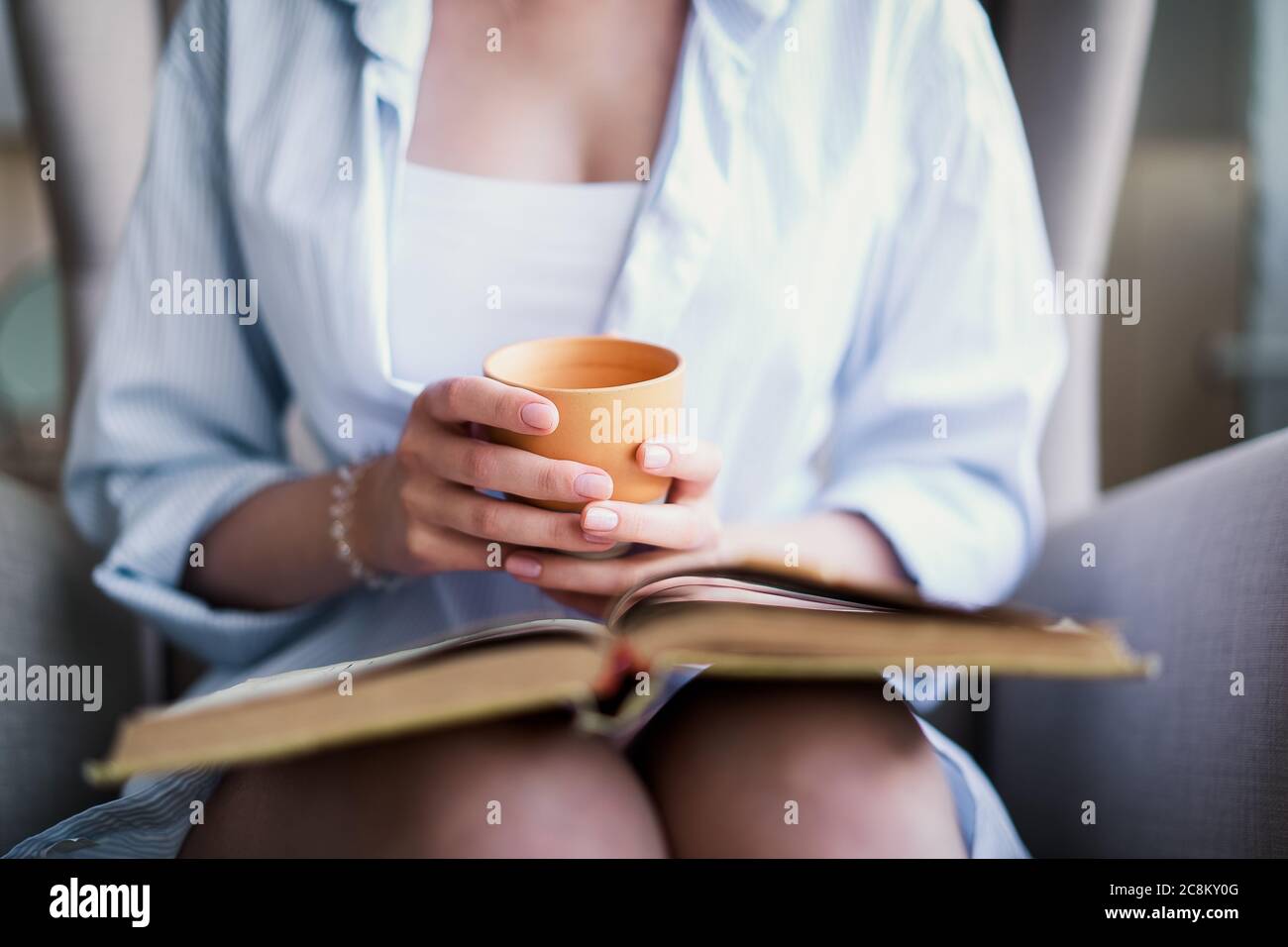 Beautiful girl reading a book at home. Leisure indoors entertainment Stock Photo