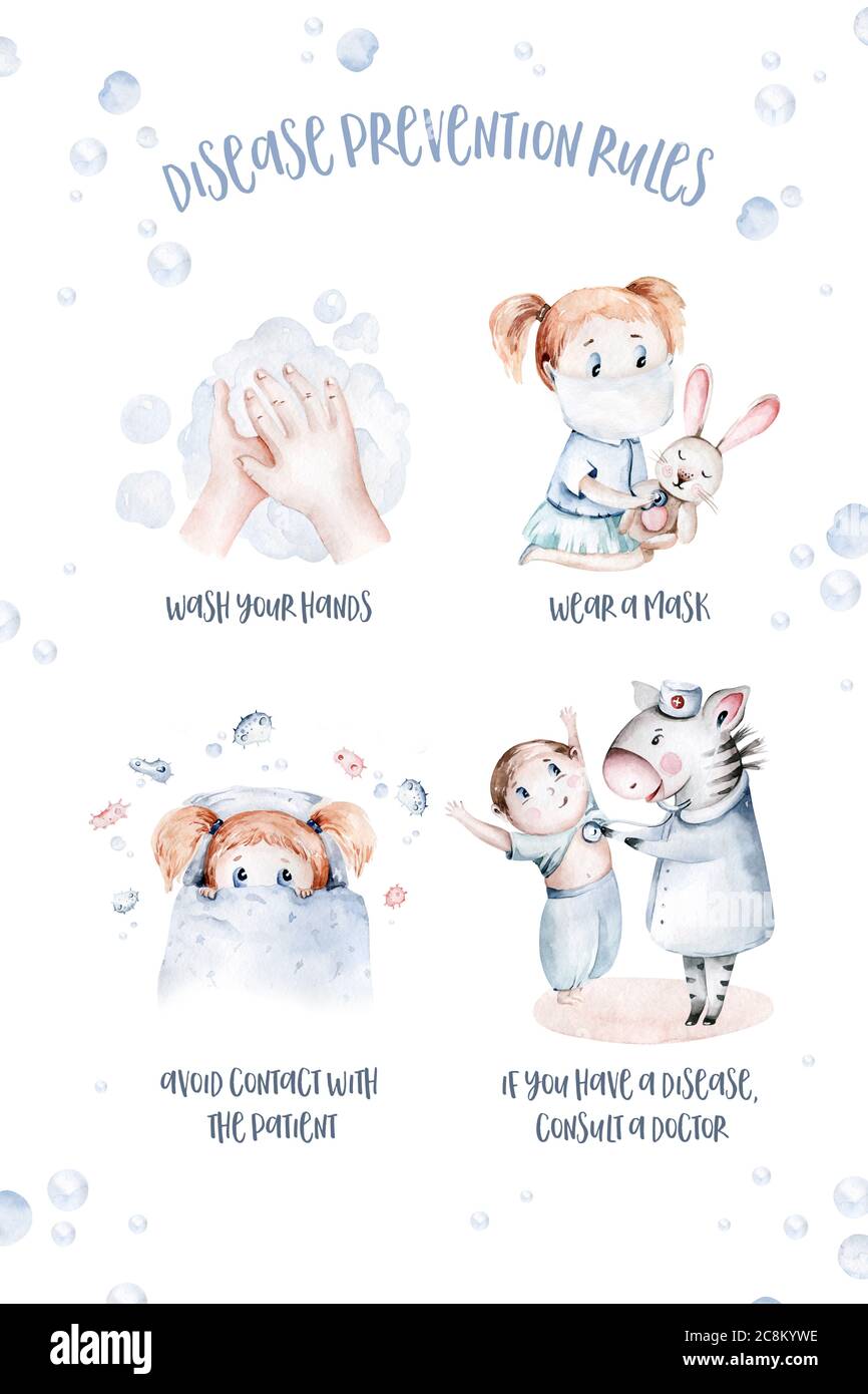 Wash your hand kids poster watercolor illustration with cat paws. hand drawing. hand washing. Drawing in cartoon style. Personal hygiene Stock Photo