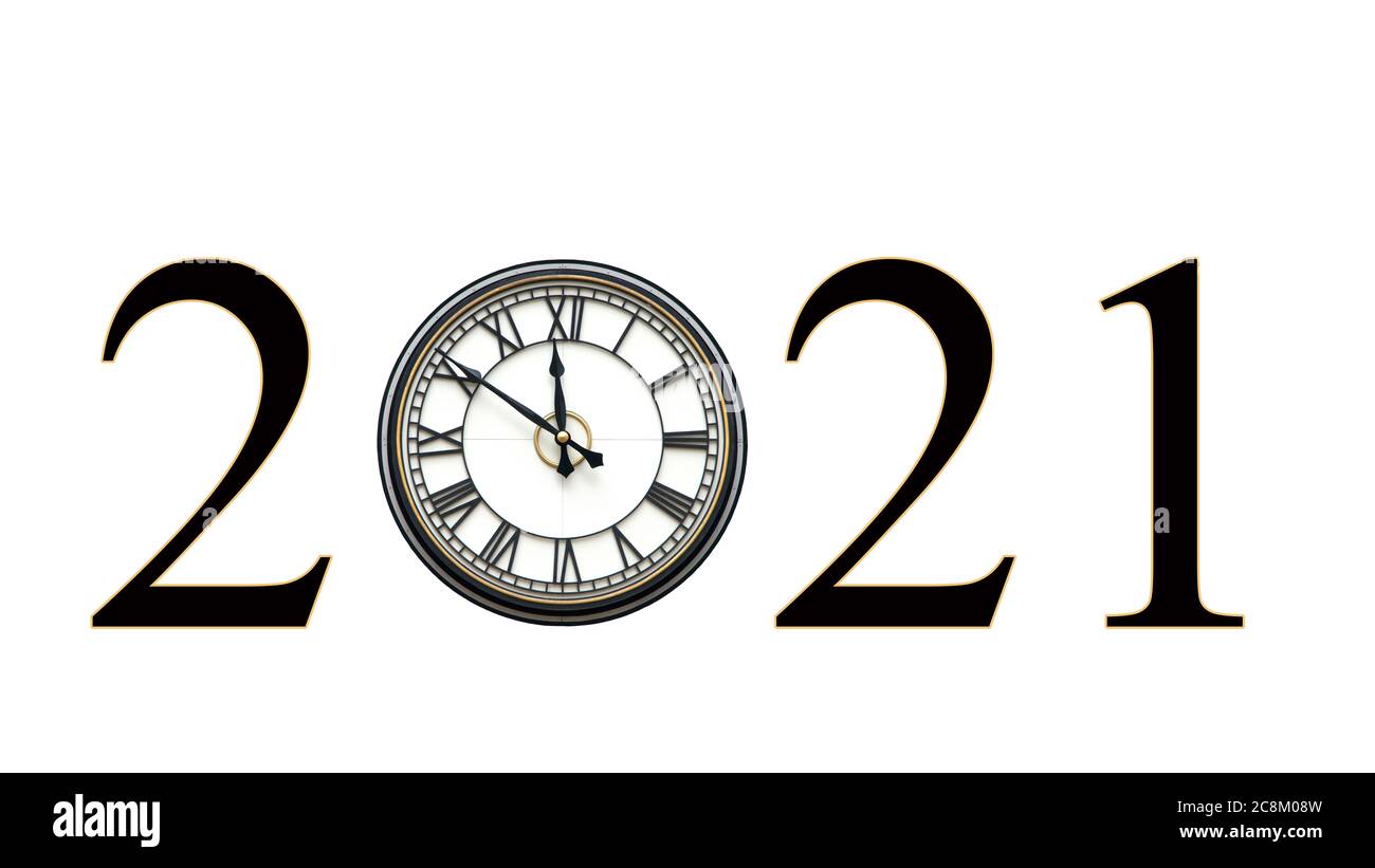 Year 2021 using Clock with roman numerals for hours, hands at nine minutes to twelve o'clock for the zero, isolated on white. Stock Photo