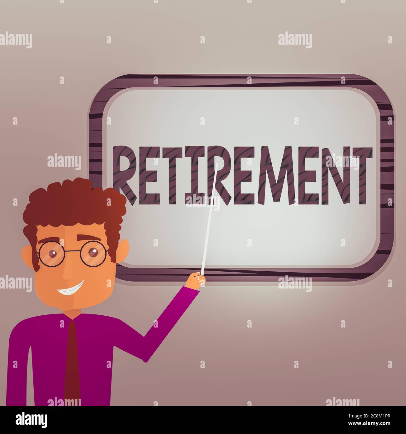 Writing note showing Retirement. Business concept for withdrawal from one s is occupation or from active working life Man Standing Holding Stick Point Stock Photo