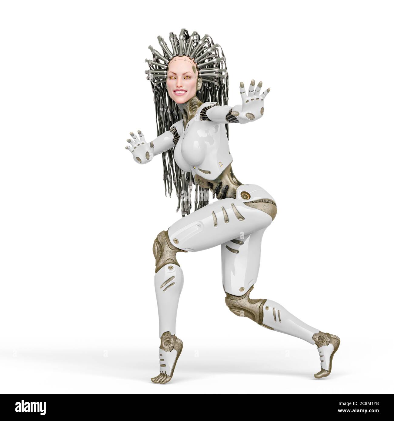 super cyborg is smiling and walking on tiptoe, 3d illustration Stock ...