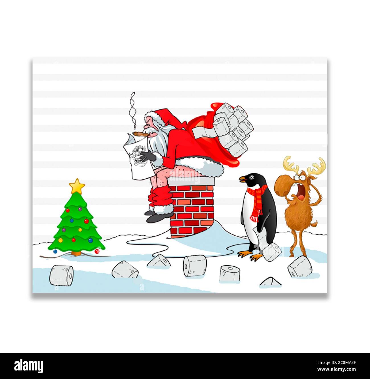 Santa, penguin and deer near the new year tree on the roof of the house, isolated on white, illustration Stock Photo