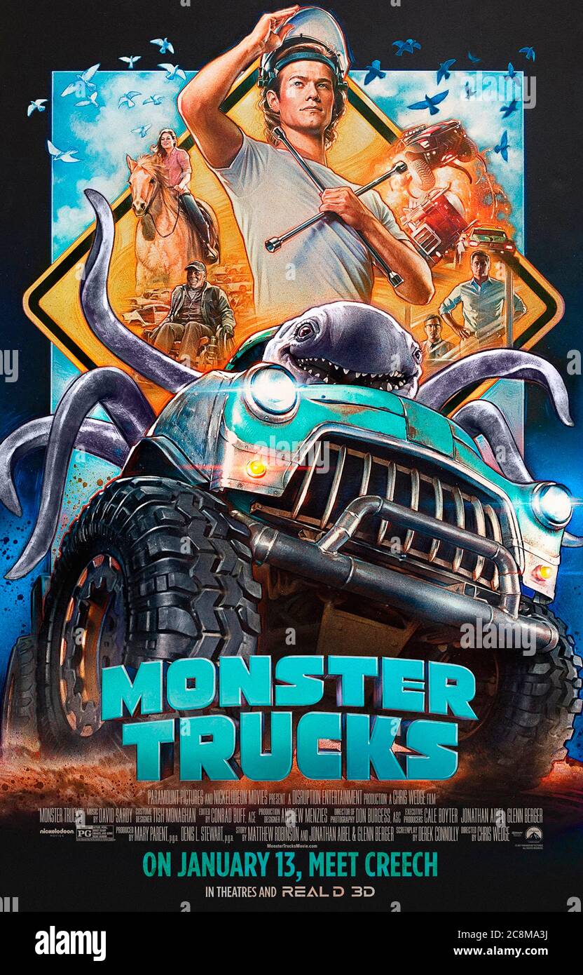 Monster Trucks (2016) directed by Chris Wedge and starring Lucas Till, Jane Levy, Thomas Lennon and Rob Lowe. A mechanic finds a friendly alien who consumes oil and gives the truck he is working on a novel powerplant. Stock Photo