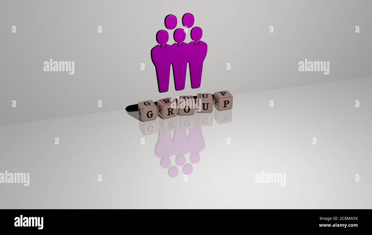 3D representation of GROUP with icon on the wall and text arranged by metallic cubic letters on a mirror floor for concept meaning and slideshow presentation. background and illustration Stock Photo