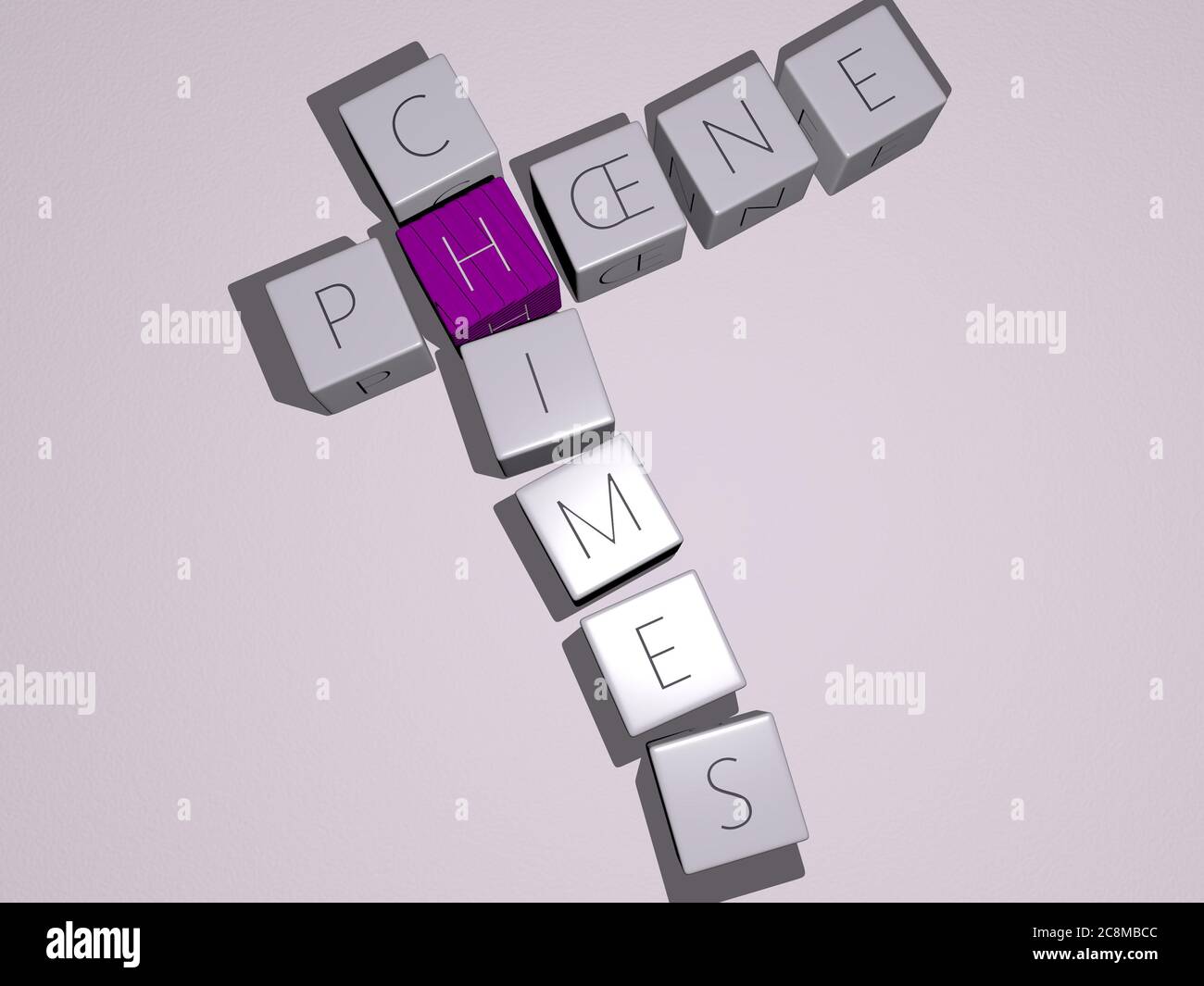 crosswords of phone Chimes arranged by cubic letters on a mirror floor