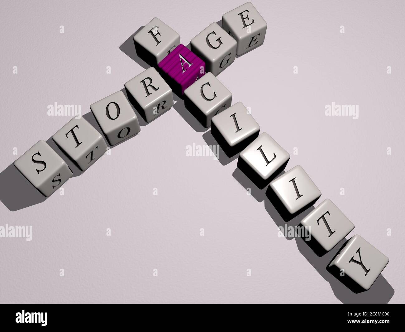 crosswords of STORAGE FACILITY arranged by cubic letters on a mirror floor, concept meaning and