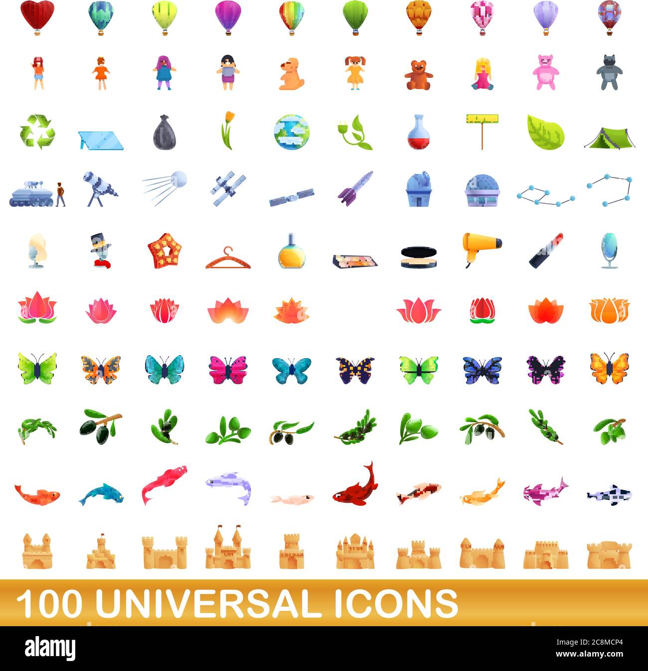 100 universal icons set. Cartoon illustration of 100 universal icons ...