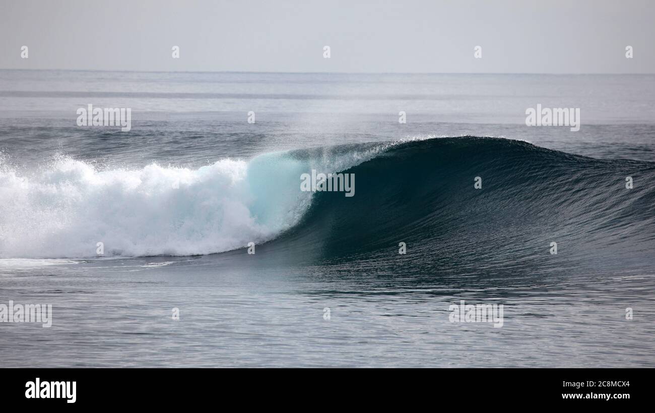 A wave breaks unridden on a shallow coral reef in the Mentawai Islands - Indonesia Stock Photo