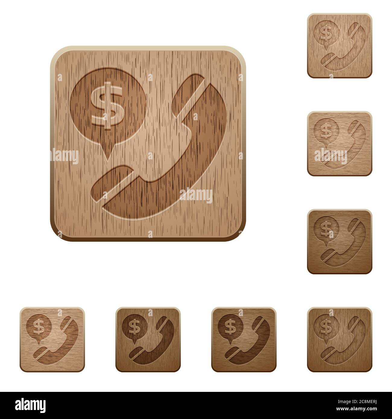 Set of carved wooden money call buttons. 8 variations included ...