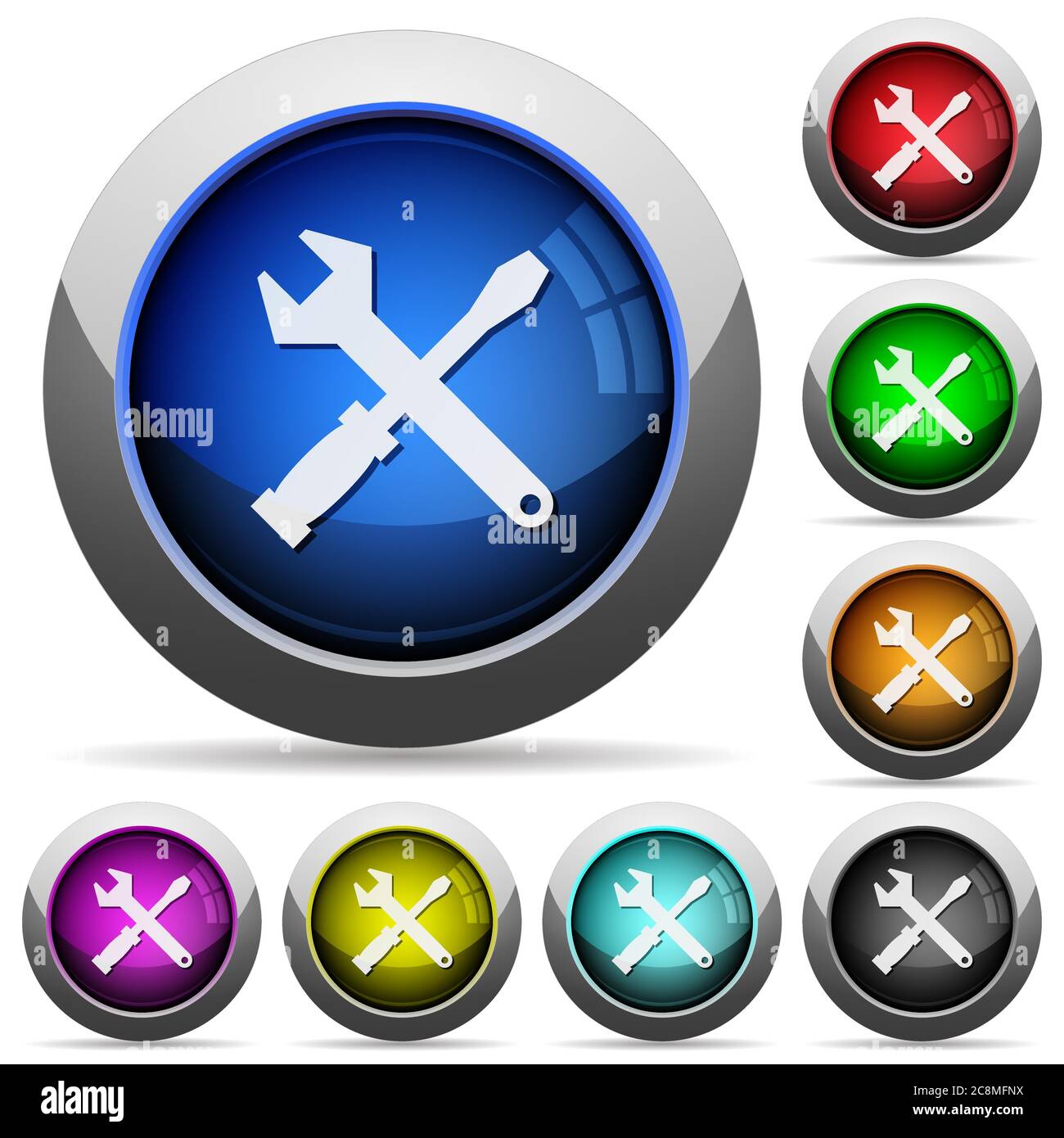 Set of round glossy tools buttons. Arranged layer structure. Stock Vector