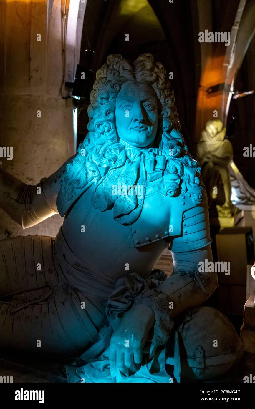 Pierrefonds, France. 19th July, 2020. In the cellars, the exhibition is made up of casts of Le Bal Des Gisants funerary sculptures. Stock Photo