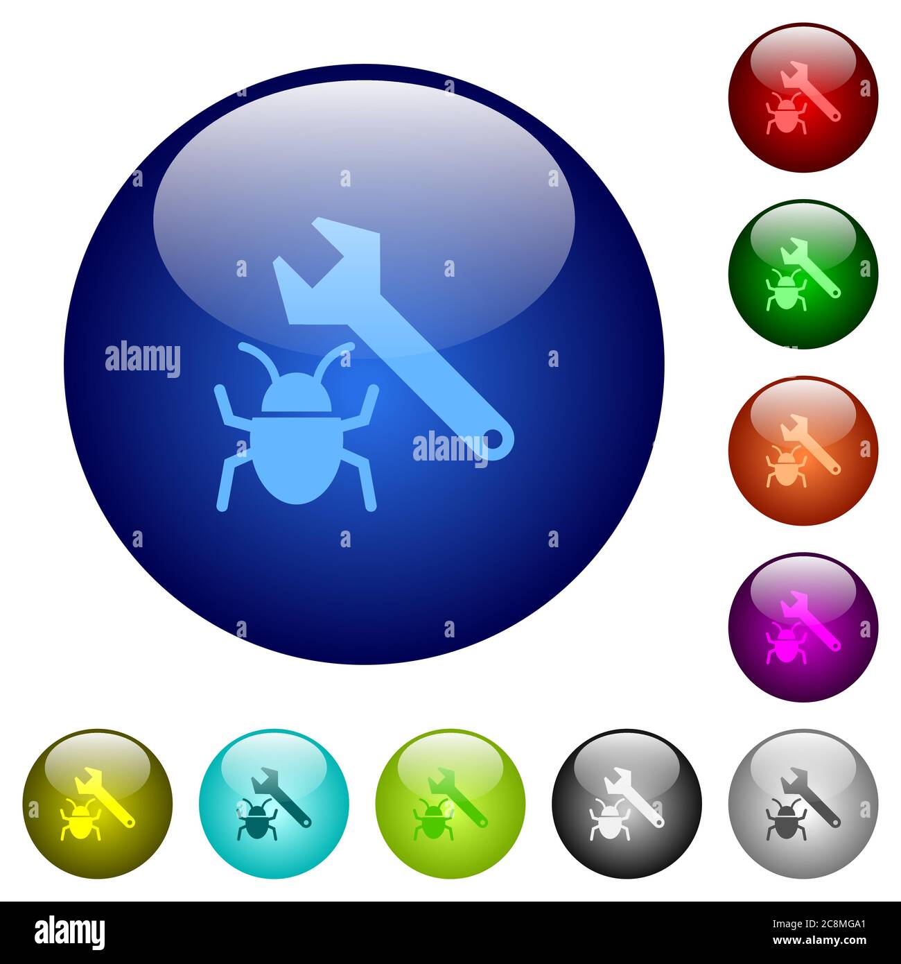 Set of color bug fixing glass web buttons. Arranged layer structure. Stock Vector