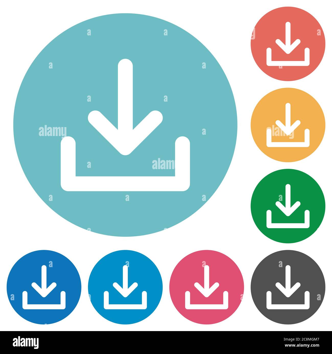 Flat download icon set on round color background. 8 color variations ...