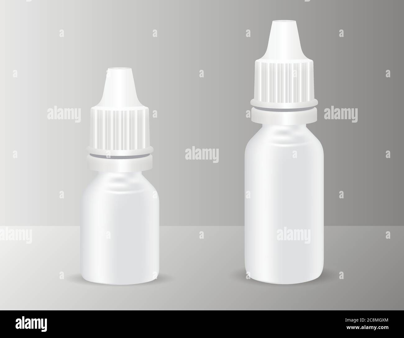 Set of white realistic plastic medical bottles with dropper. Pharmacy flask or vials for anti-aging essential, eye or nasal drops. Mock up vector flac Stock Vector