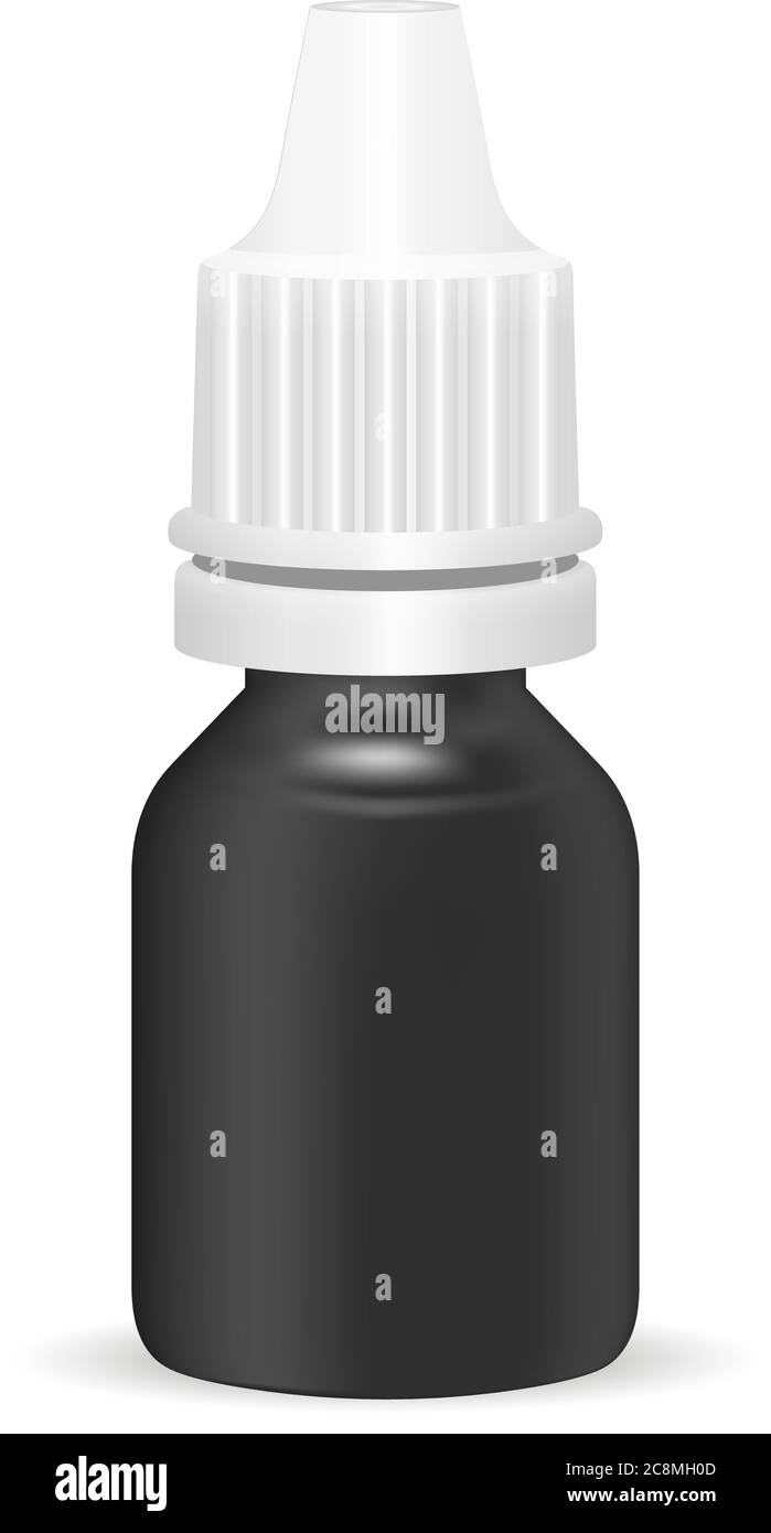 Realistic plastic medical bottle with dropper. Black Pharmacy flask or vials for anti-aging essential, eye or nasal drops. Mock up vector flacon illus Stock Vector