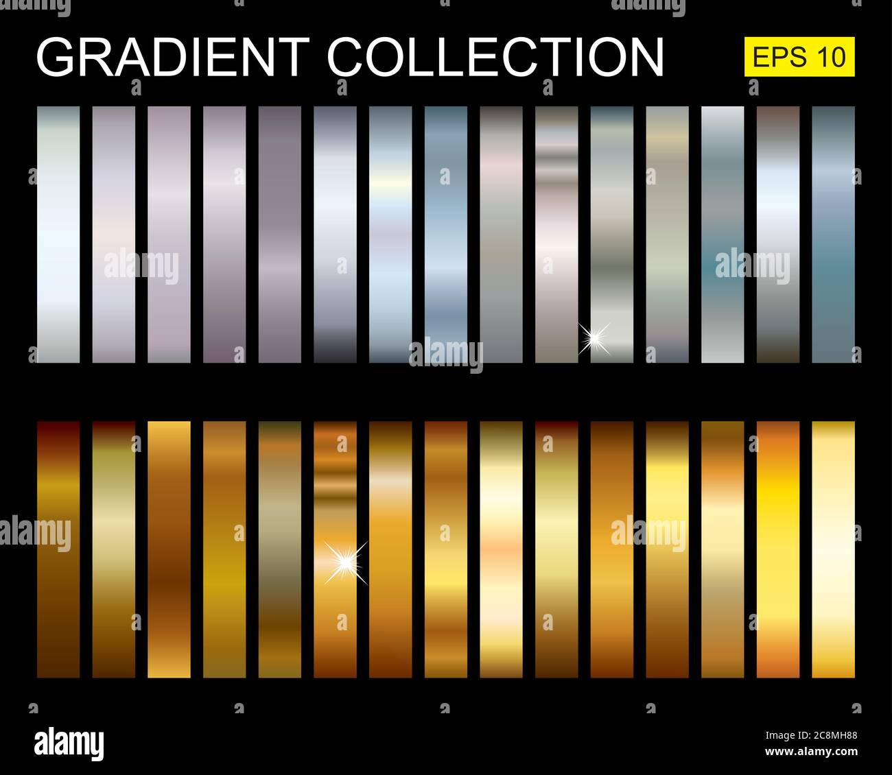 Collection of gradients of gold and silver metals. Set of golden and