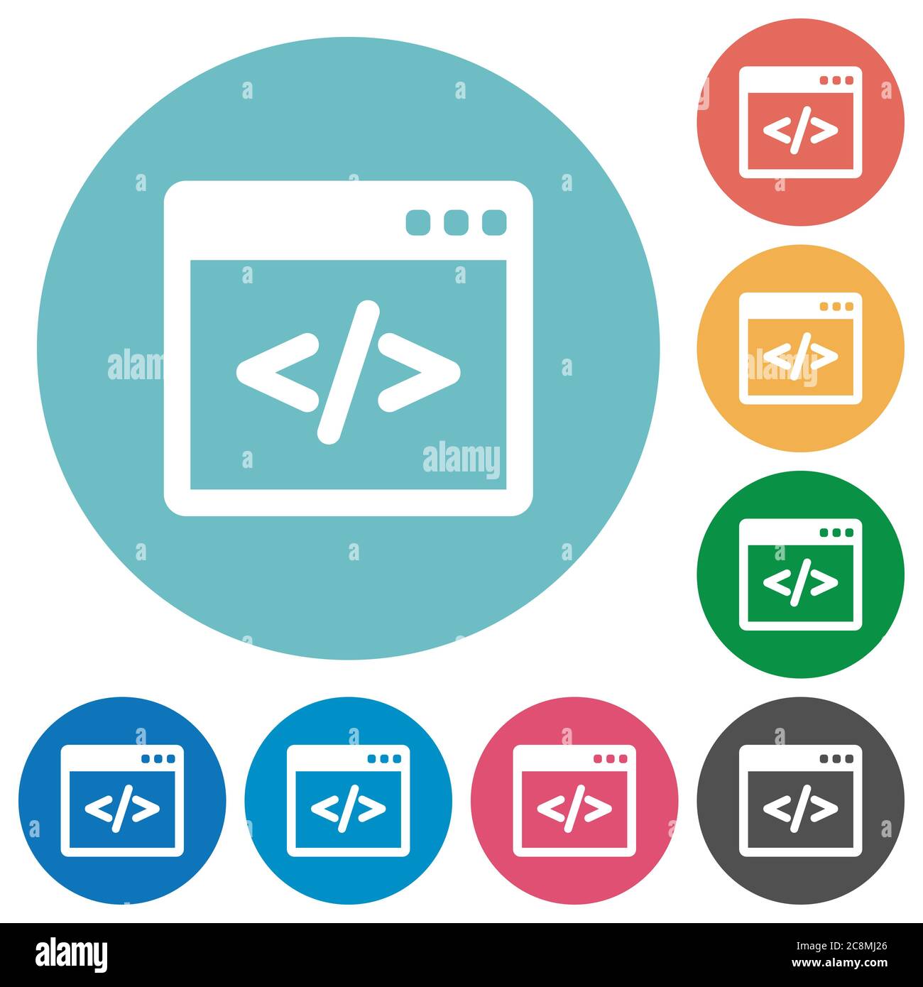 Flat programming code icon set on round color background. 8 color ...