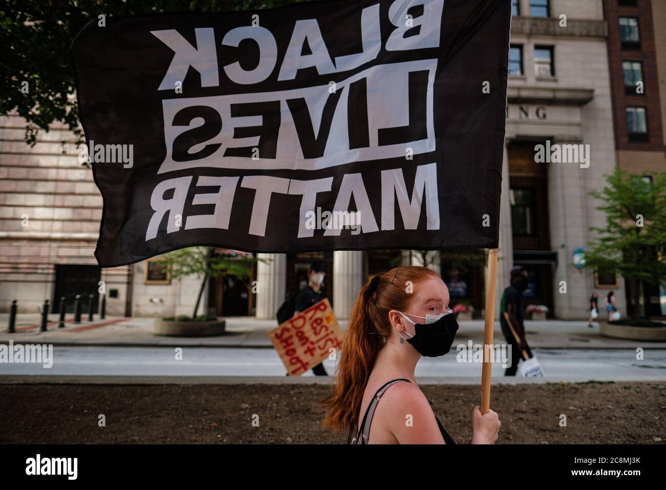 Cleveland, Ohio, USA. 25th July, 2020. Protestors are seen marching through city streets during a ''No Facist Military War On The People'' protest, Saturday, July 25, 2020 in Cleveland, Ohio. Credit: Andrew Dolph/ZUMA Wire/Alamy Live News Stock Photo