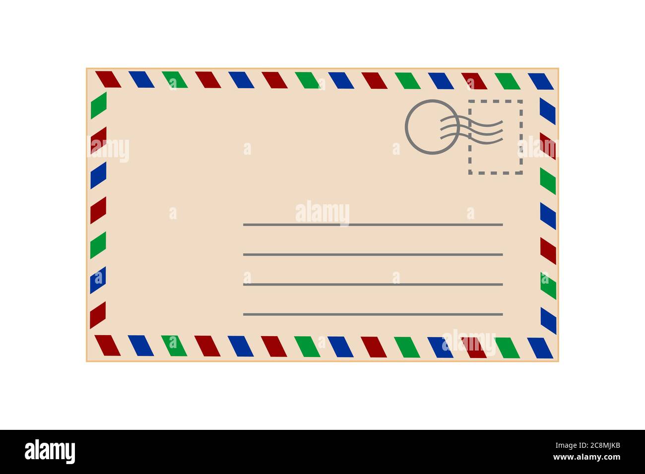 Postcard isolated on white background. Envelope with color stripe. Vintage template. Realistic old retro postcard back view. Stock vector illustration Stock Vector
