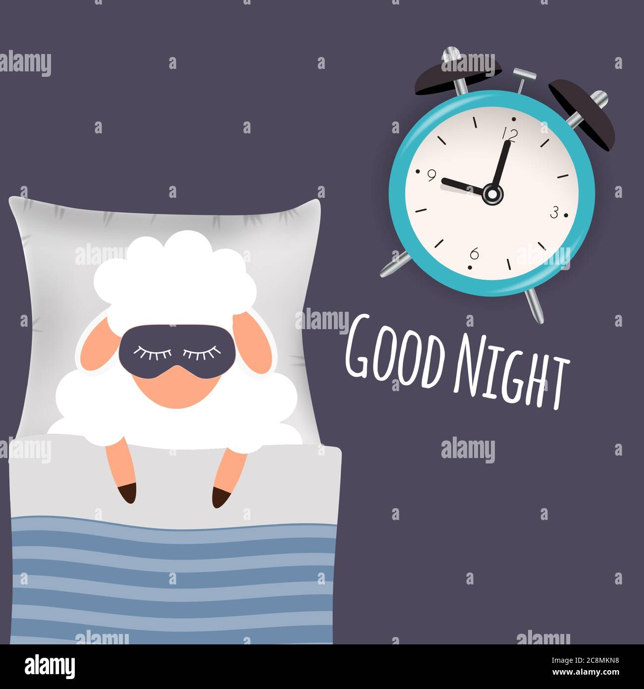 Cute little sheep in bed with alarm clock. Good night. vector