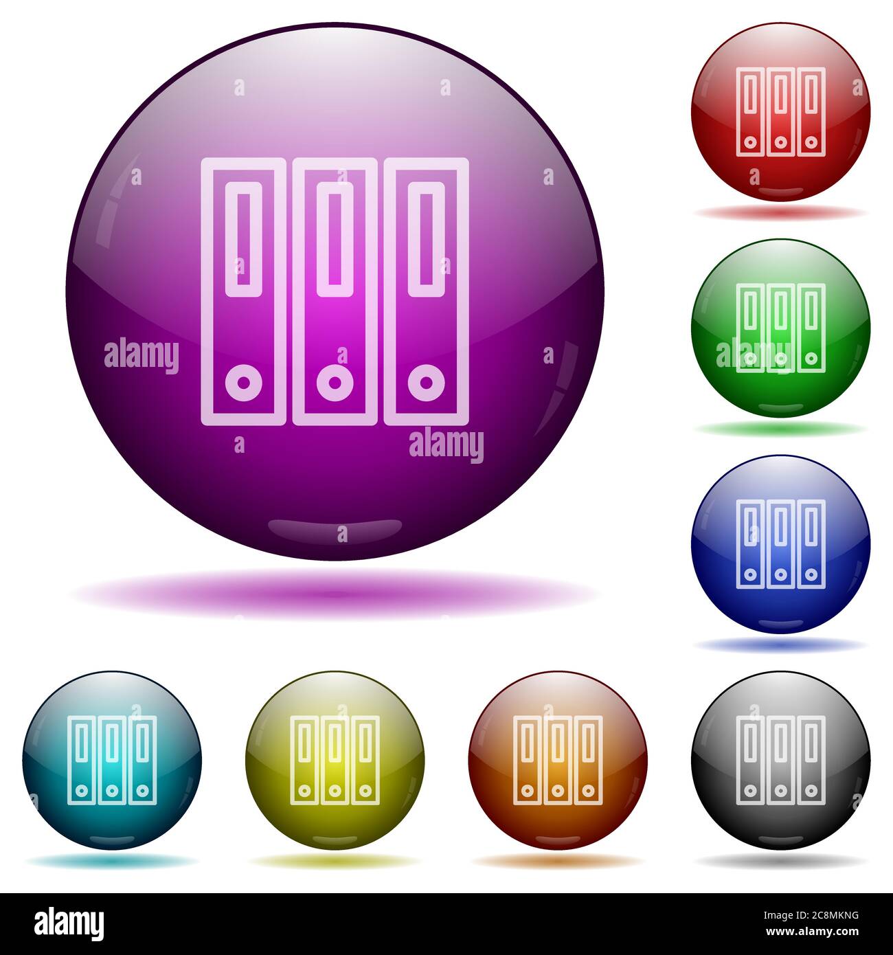Set of color binders glass sphere buttons with shadows. Arranged layer structure Stock Vector