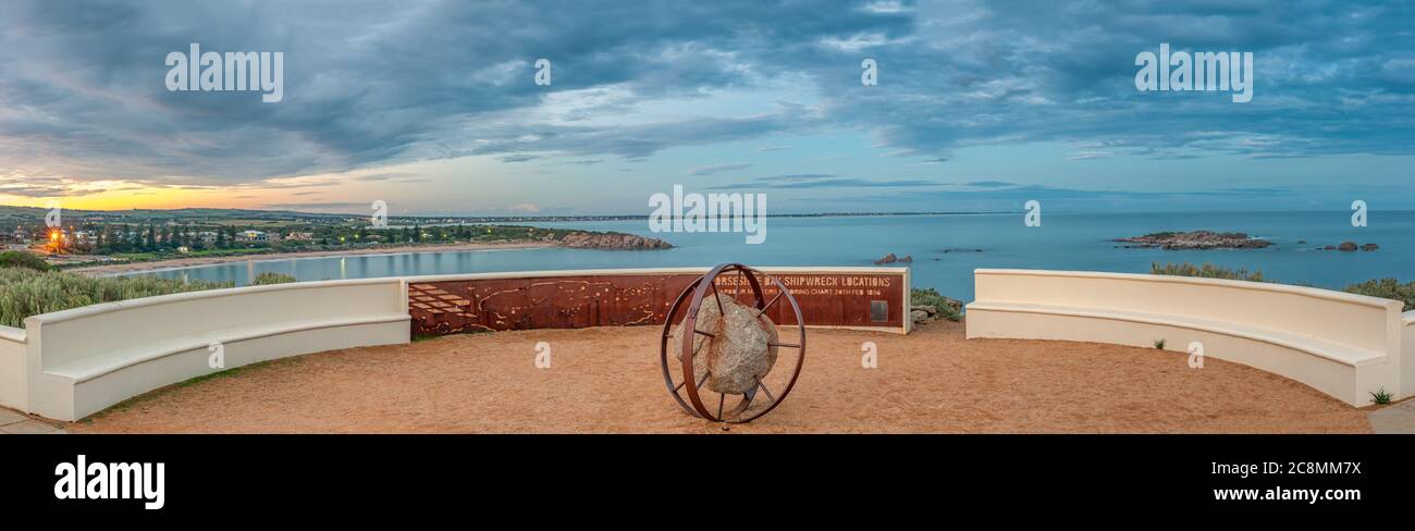 Sunset panorama at the Commodore Reserve Lookout overlooking Horseshoe Bay in Port Elliot in South Australia. Stock Photo