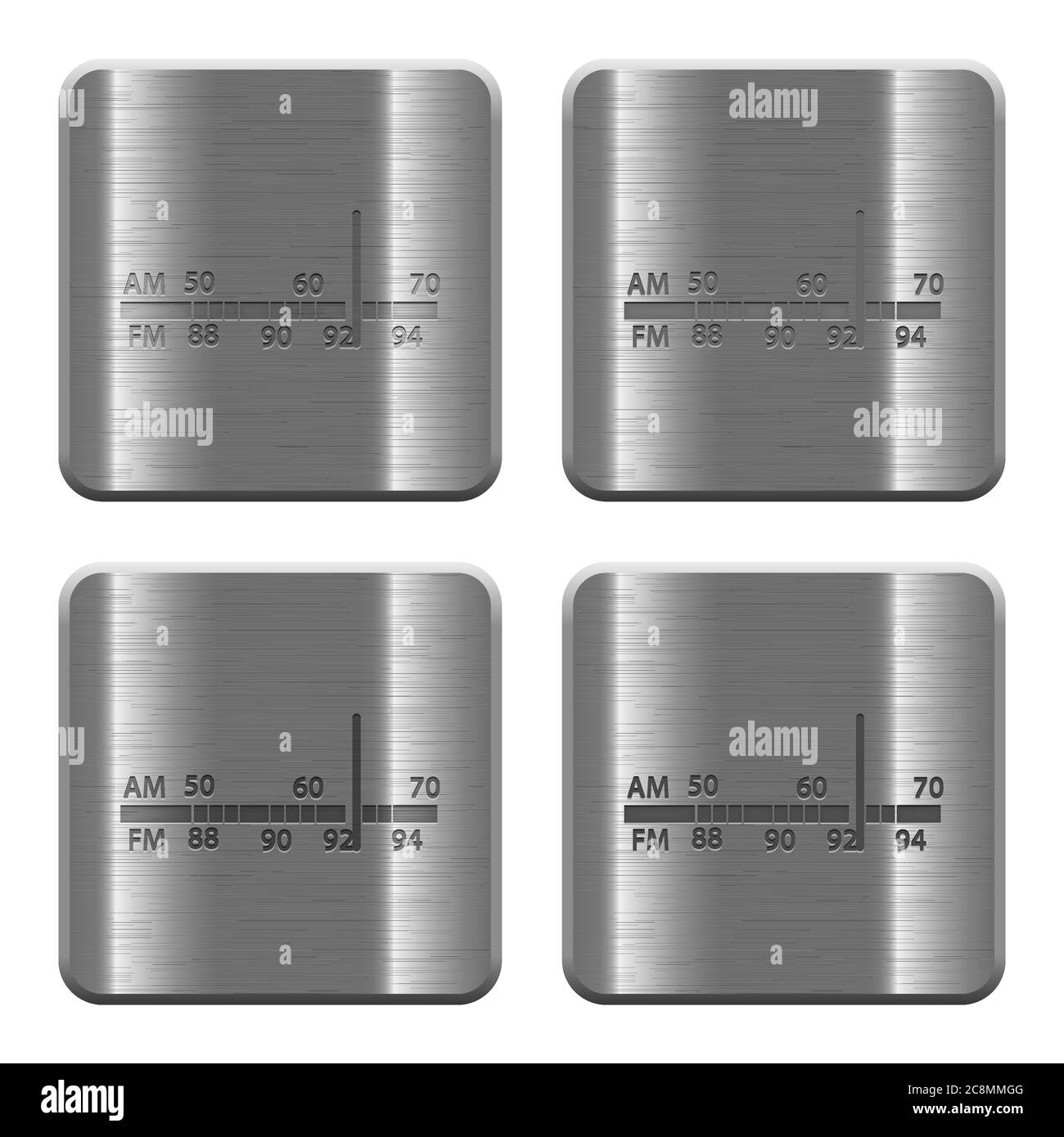Set of radio tuner buttons vector in brushed metal style. Arranged layer, color and graphic