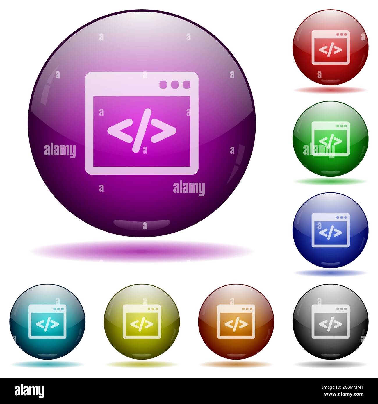 Set of color programming code glass sphere buttons with shadows ...