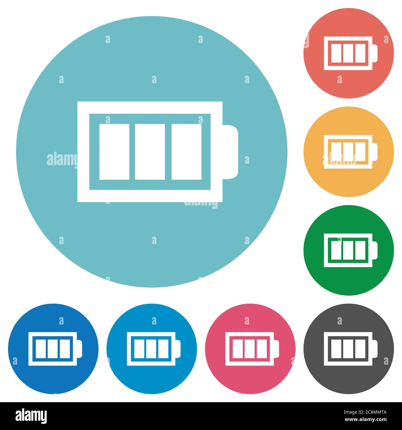 Flat full battery icon set on round color background. 8 color ...