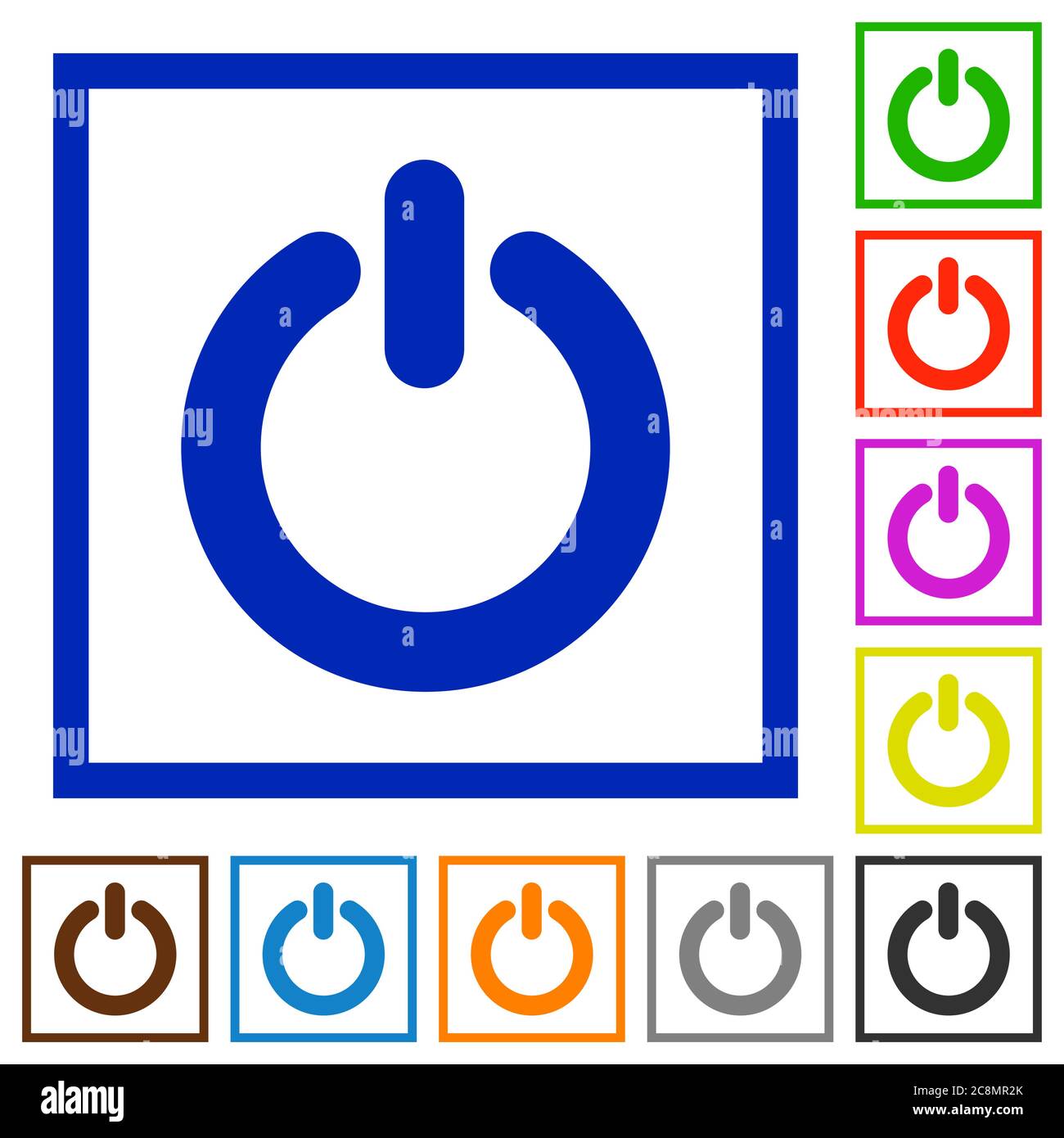 Set of color square framed Power switch flat icons on white background ...