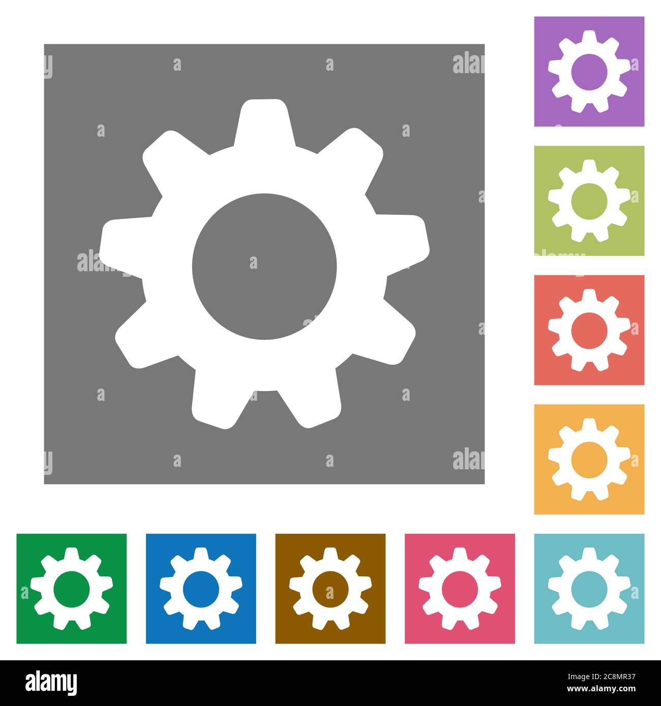 Settings flat icon set on color square background. Stock Vector