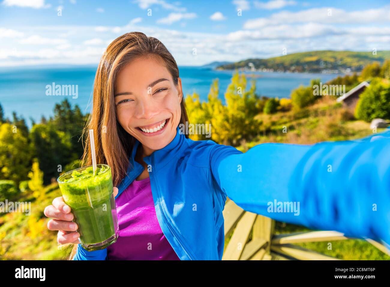 Healthy Green Smoothie Juice Drinking Selfie Girl Taking Picture Clean Food Diet Healthy 