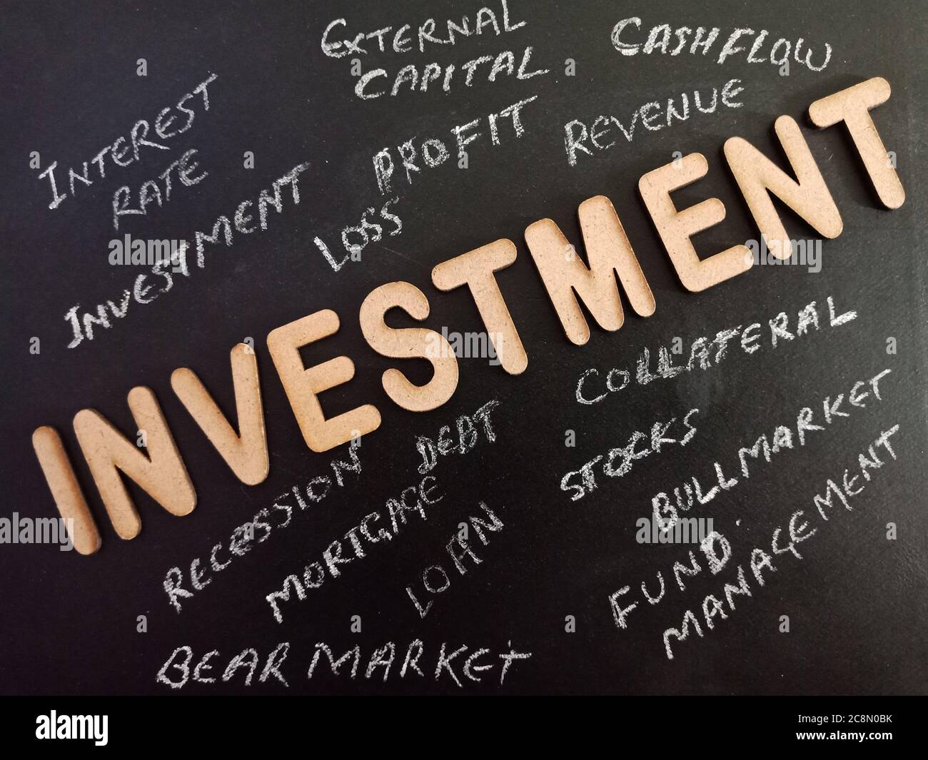 Investment text displayed on black board with 3d word on dark education ...