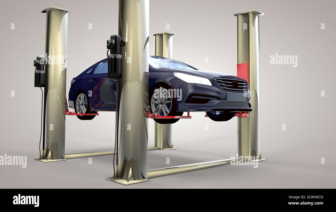 Modern car in a workshop on a lift. 3D rendering Stock Photo - Alamy