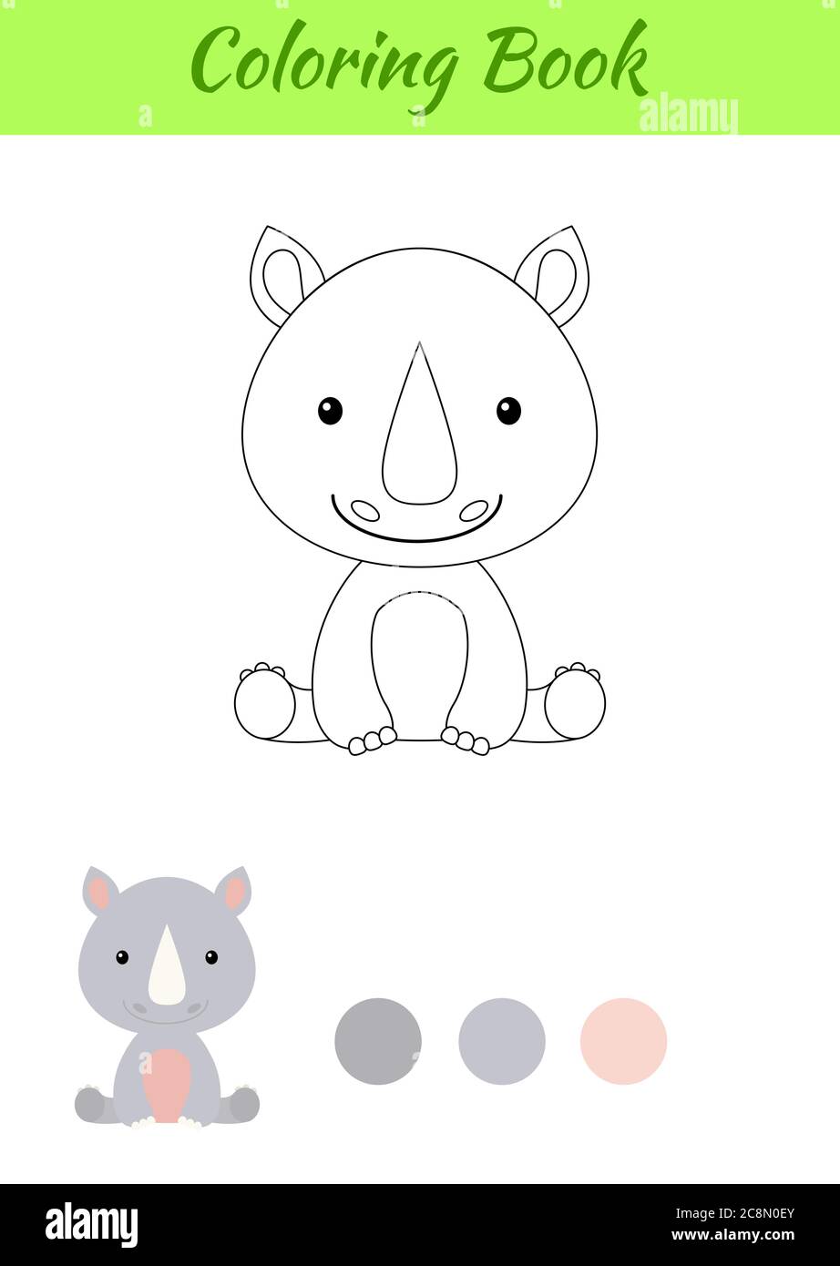 Coloring page little sitting baby rhino. Coloring book for kids. Educational activity for preschool years kids and toddlers with cute animal. Stock Vector