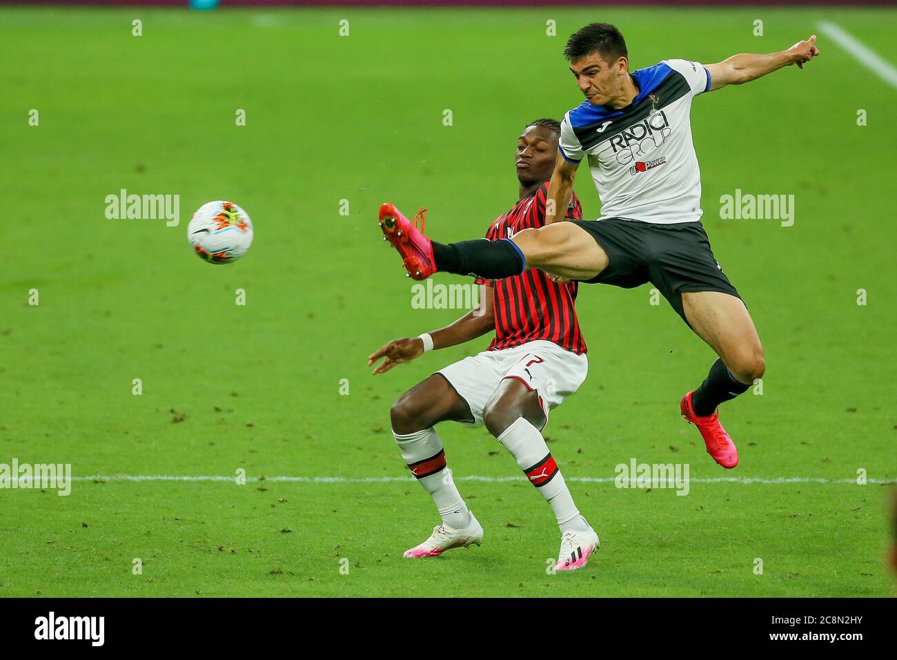 MILAN, ITALY - JULY 24: Rafael Leao of Milan, Bosko Sutalo of Atalanta seen during the serie A league game between AC Milan and Atalanta Bergamp on July 24, 2020 in Milan, Itlaly. Stock Photo