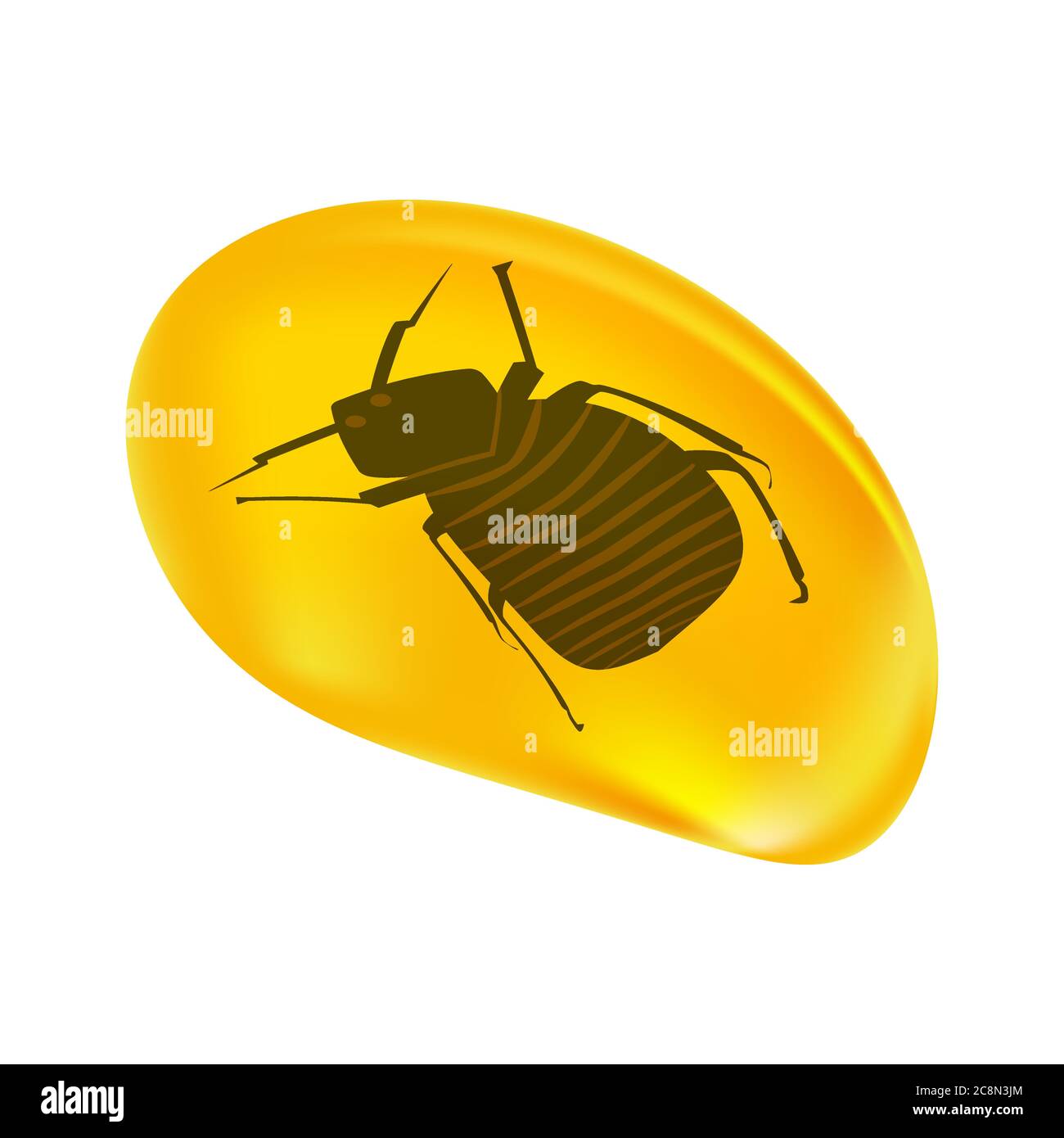 Insects in a drop of amber isolated on white background. Ancient amber flea inclusion. Piece of amber with a prehistoric flea inside. Stock vector Stock Vector