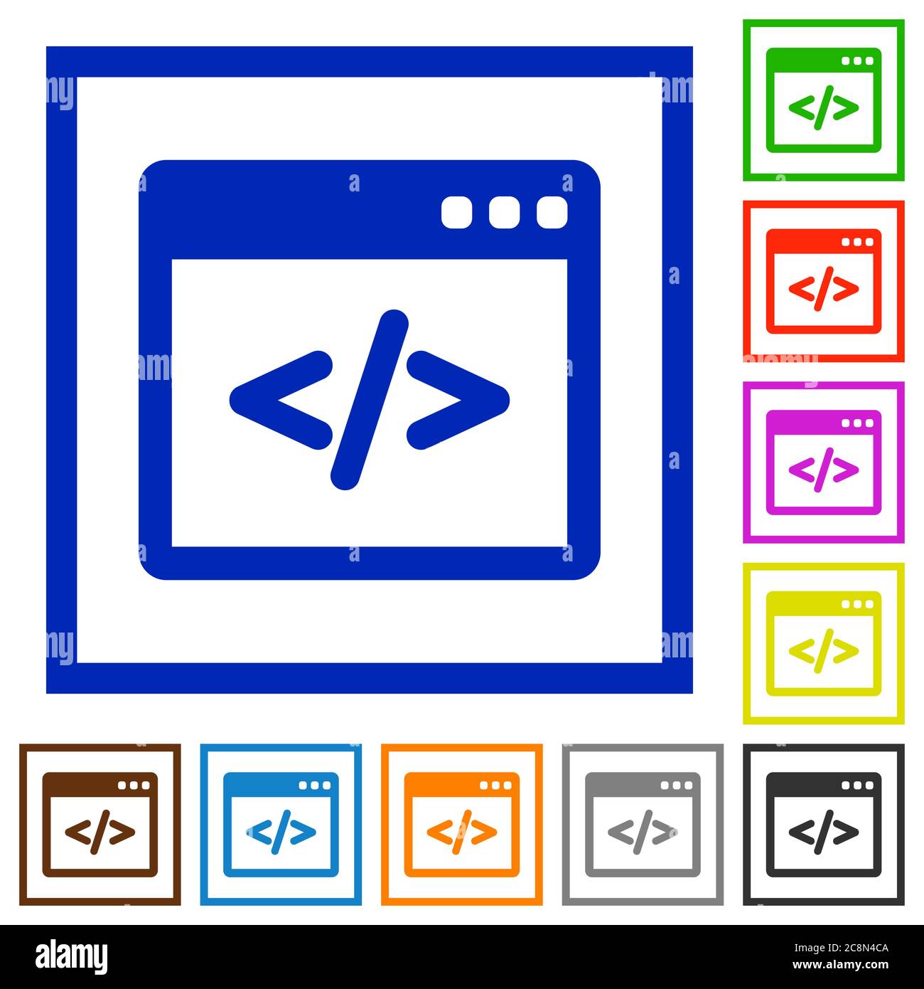 Set of color square framed Programing code flat icons on white ...