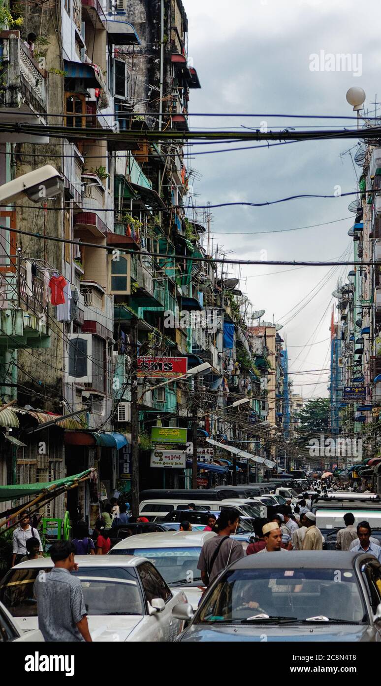 The busy bustling crowded streets of central Yangon in Myanmar, formally Rangoon in Burma, Asia Stock Photo