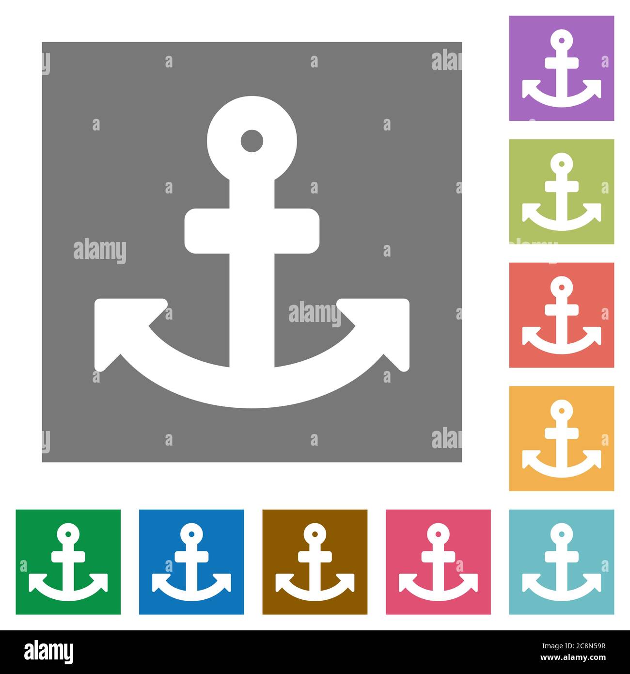 Anchor flat icon set on color square background. Stock Vector