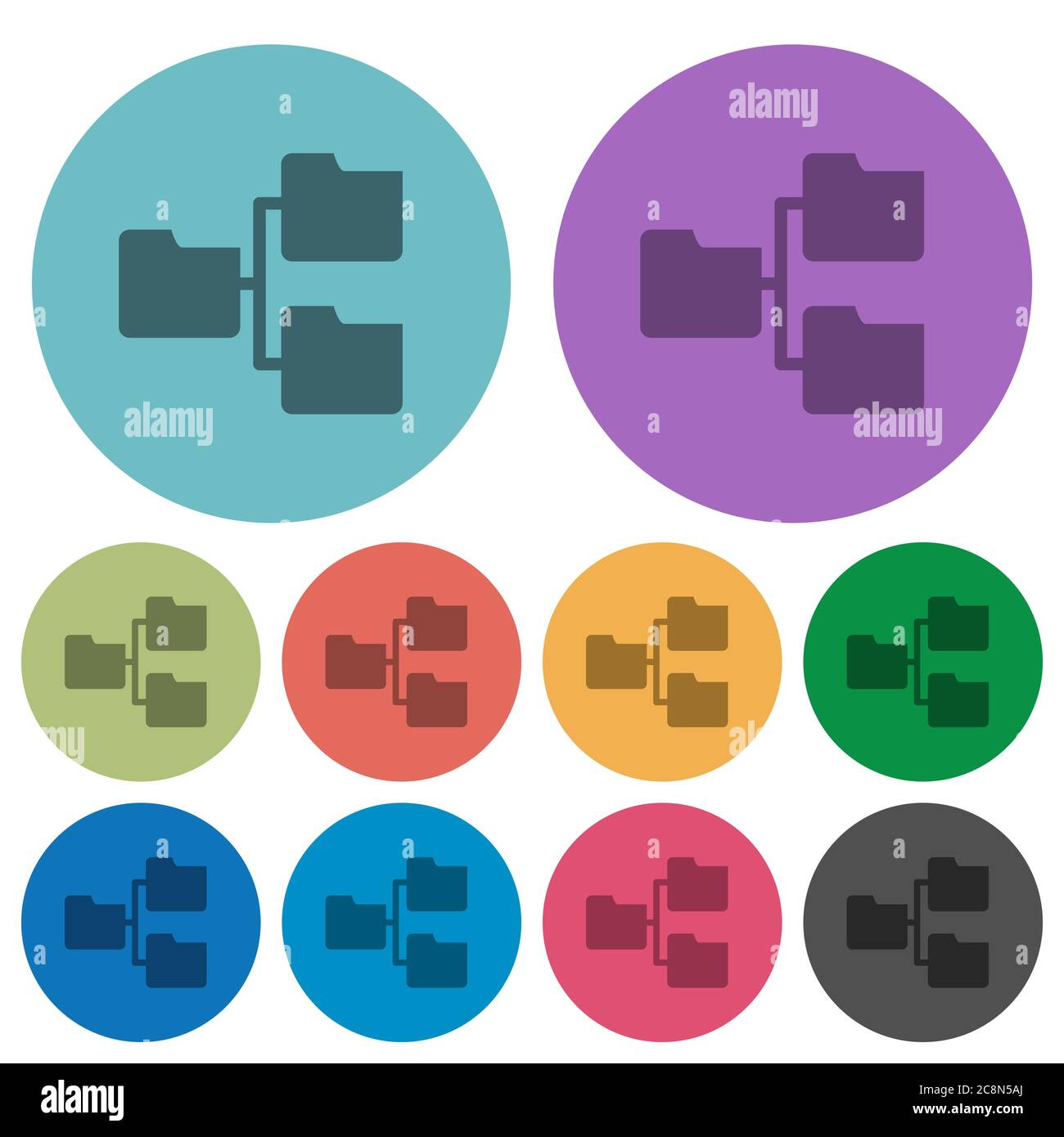 Color shared folders flat icon set on round background. Stock Vector