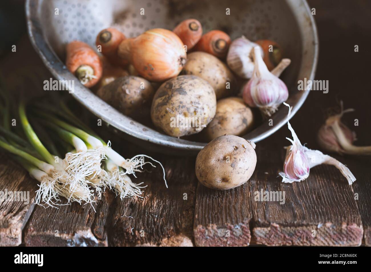 harvest vegetables from a vegetable garden close-up on a rustic table, rustic style Stock Photo